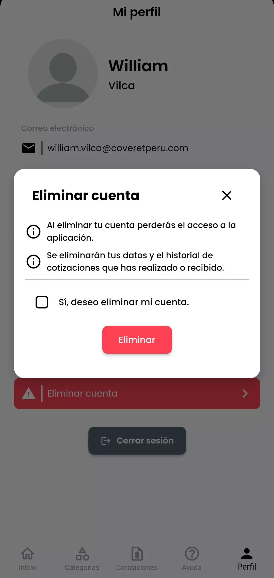 Vista de notificación de eliminar cuenta