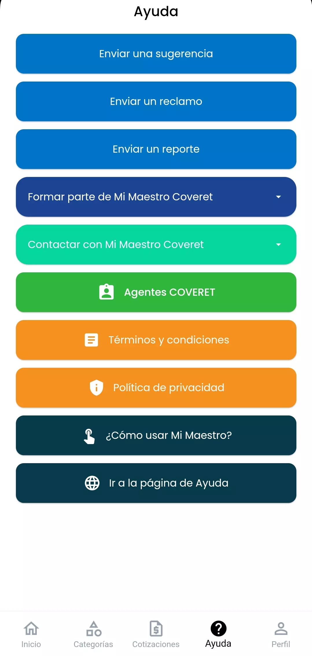 Página de ayuda de la aplicación