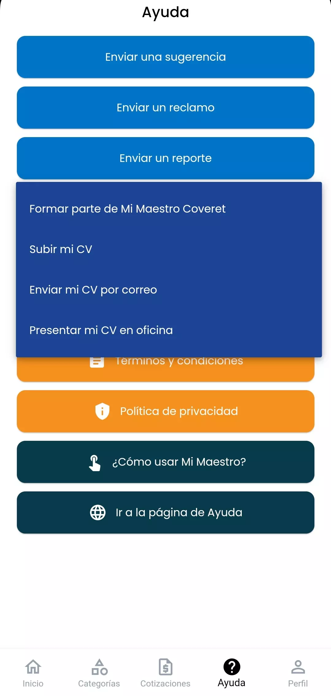 Vista con opciones para formar parte de Mi Maestro Coveret