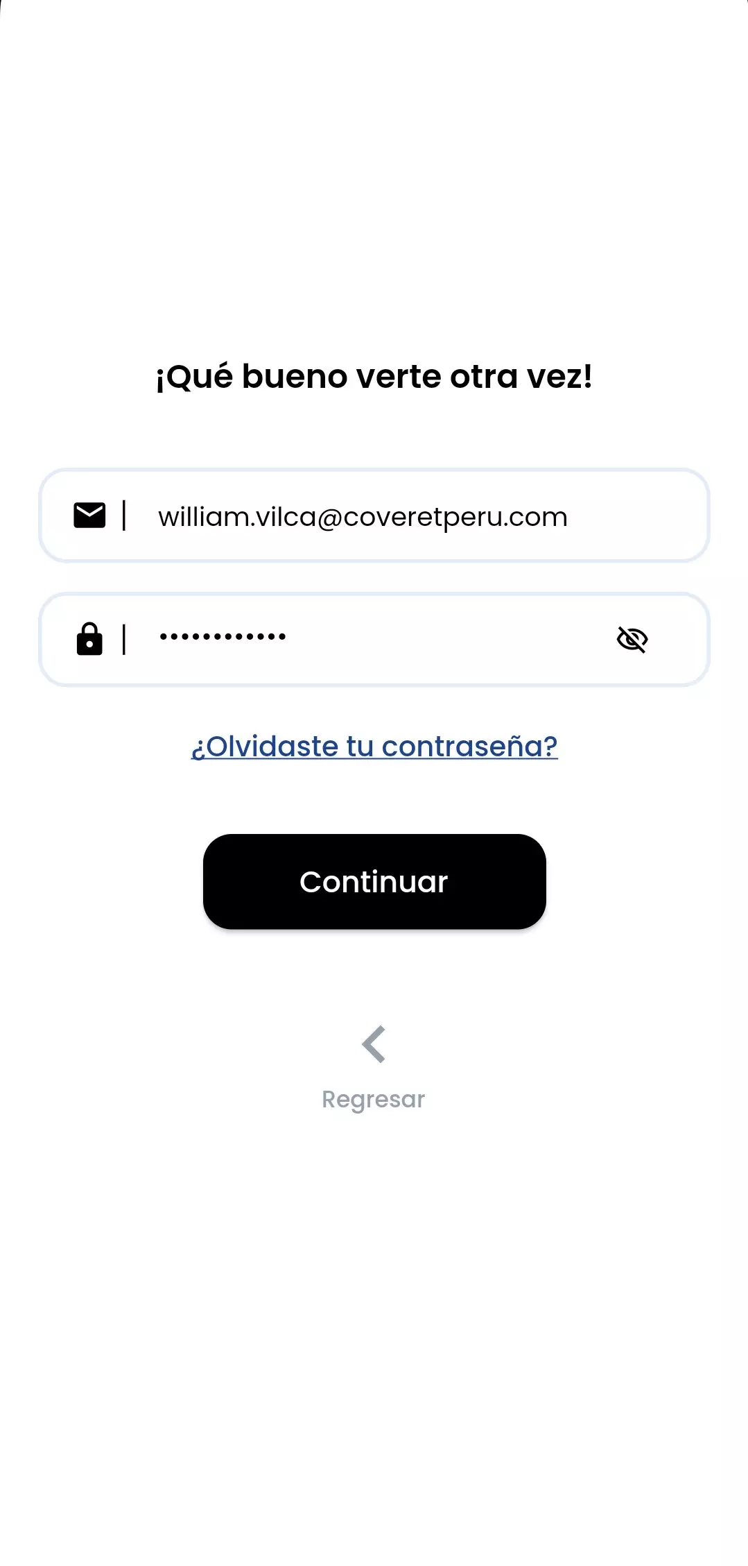 Pantalla con correo y contraseña ingresado