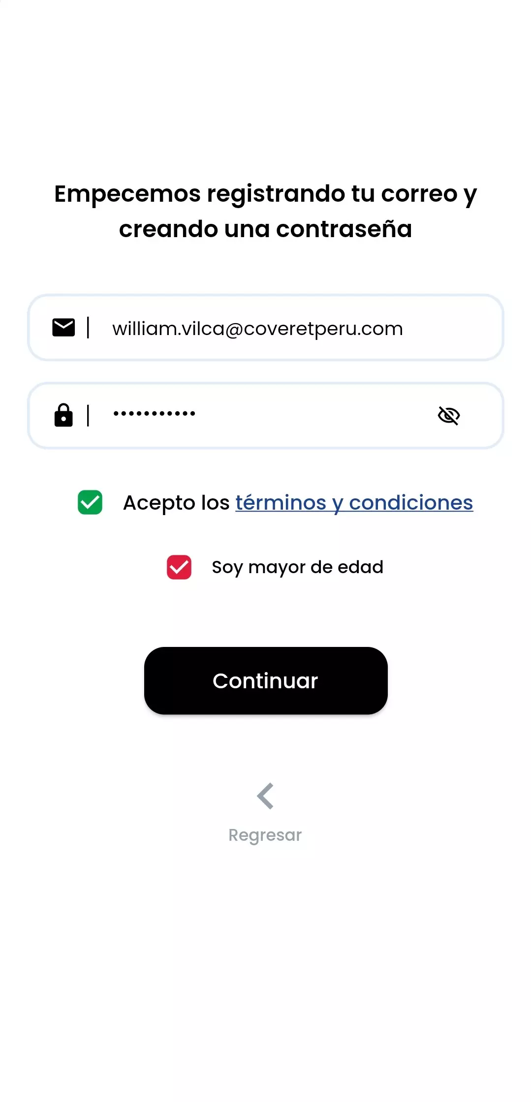 Pantalla con correo y contraseña ingresado