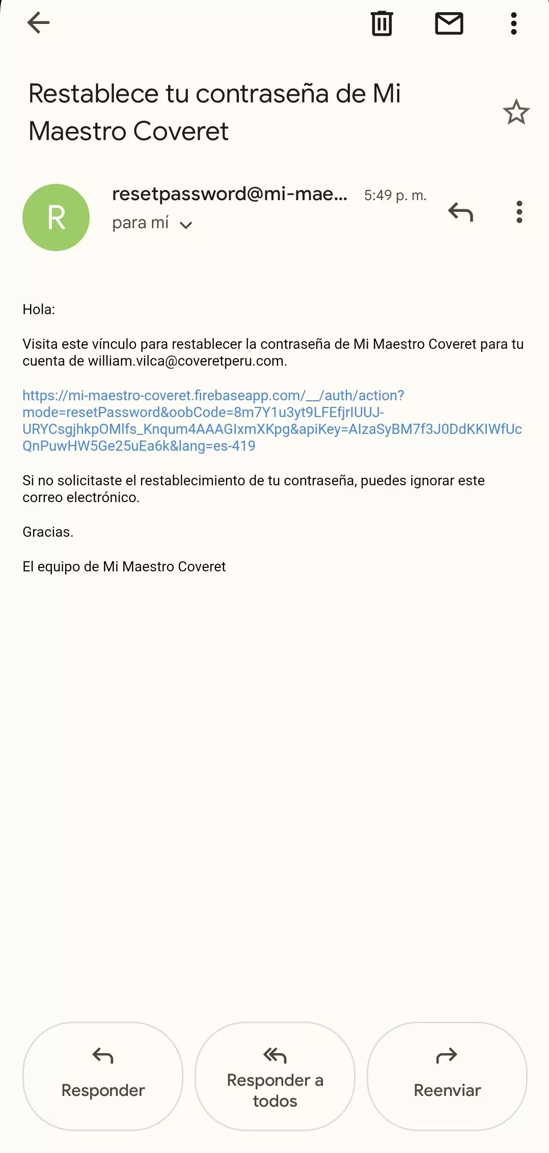 Correo con enlace para reestablecer contraseña